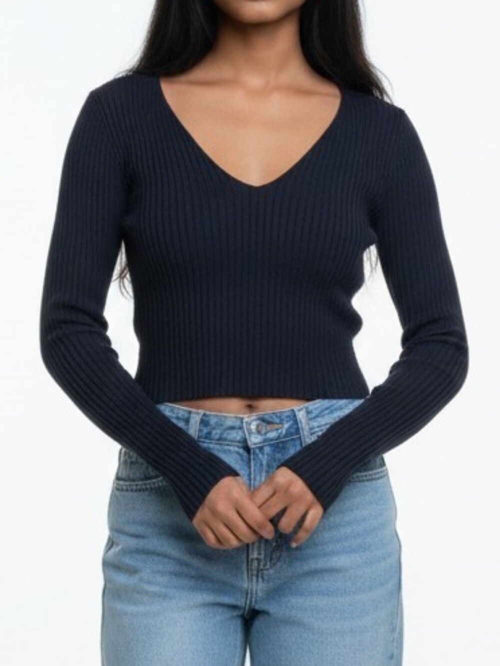 Brandy Melville Navy Ribbed V Neck Sweater